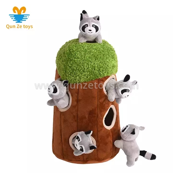 Tree Hole Stuffed Animals Raccoon Plush Pet Toys Squeaky Dog Chew Toy Hide and S