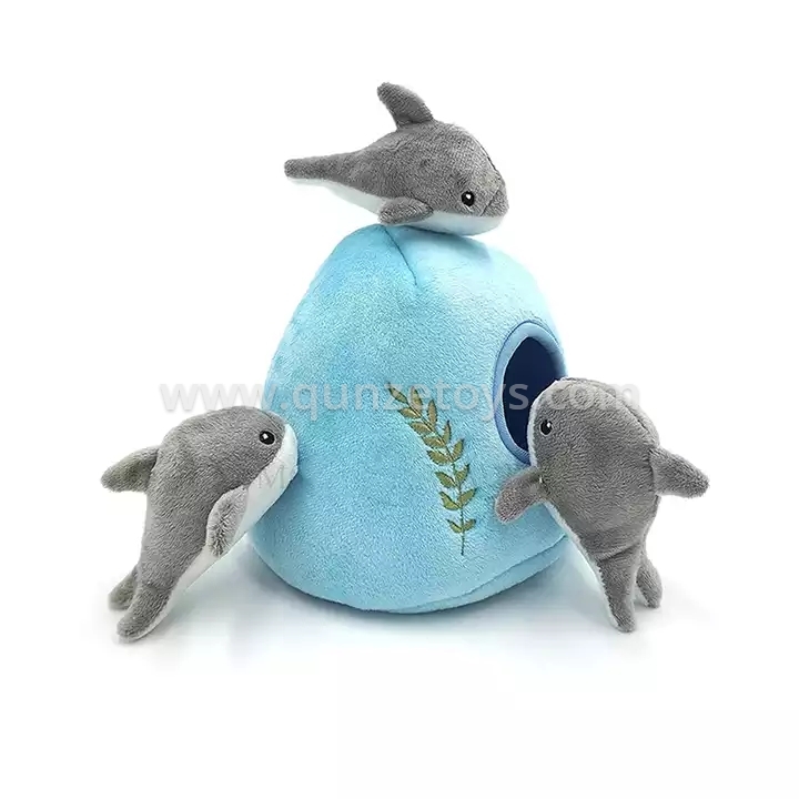 Dolphin dog plush toys for hiding Squeaky Plush Dog Toy Interactive Hide and See